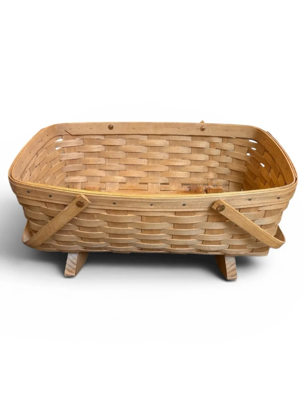 Longaberger Rocking Cradle Basket Brown Woven Handles 9”H